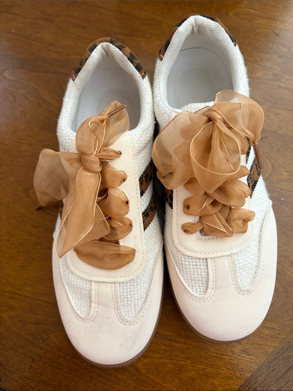 Women’s White Sneakers with Tan Organza Ribbon Laces
